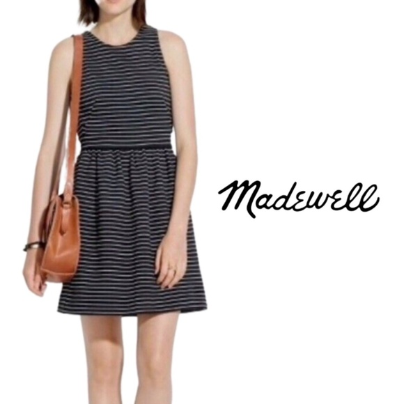 Madewell Pierside Black White Striped A Line Dress Mini Pockets - Size XS - Picture 1 of 13